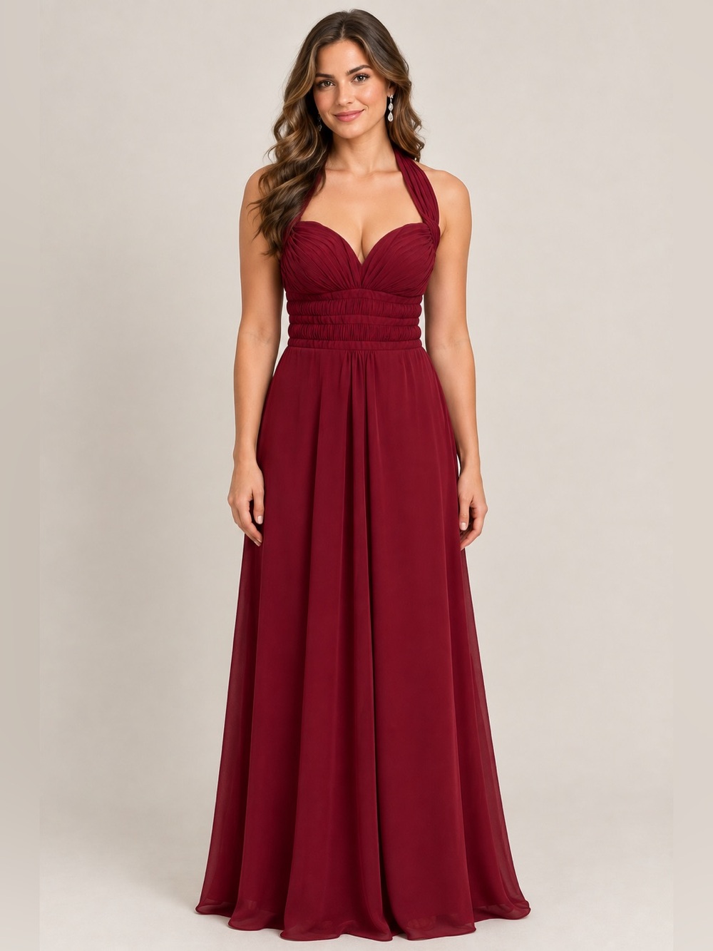 Strap Halter Burgundy Maxi Dress with Sweetheart Bodice